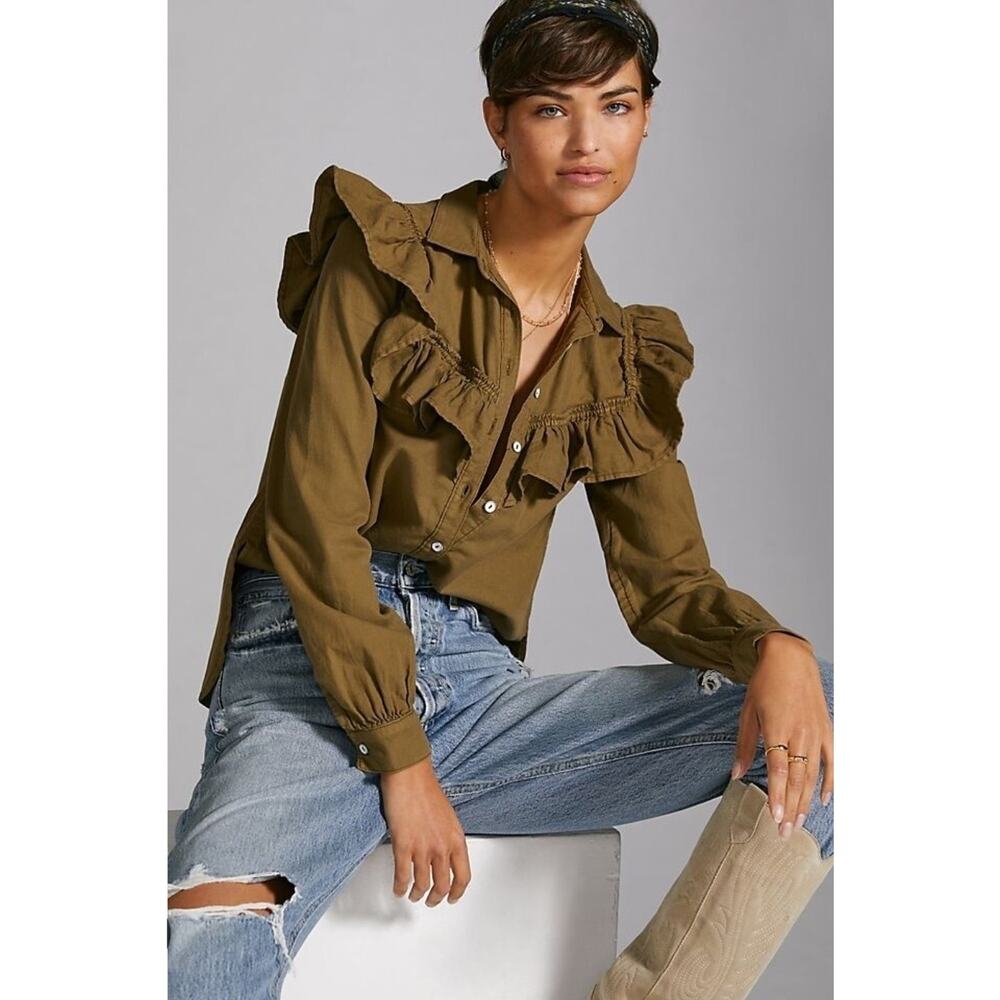 Anthropologie Pilcro Ruffle Cotton Green Button Up Top XS